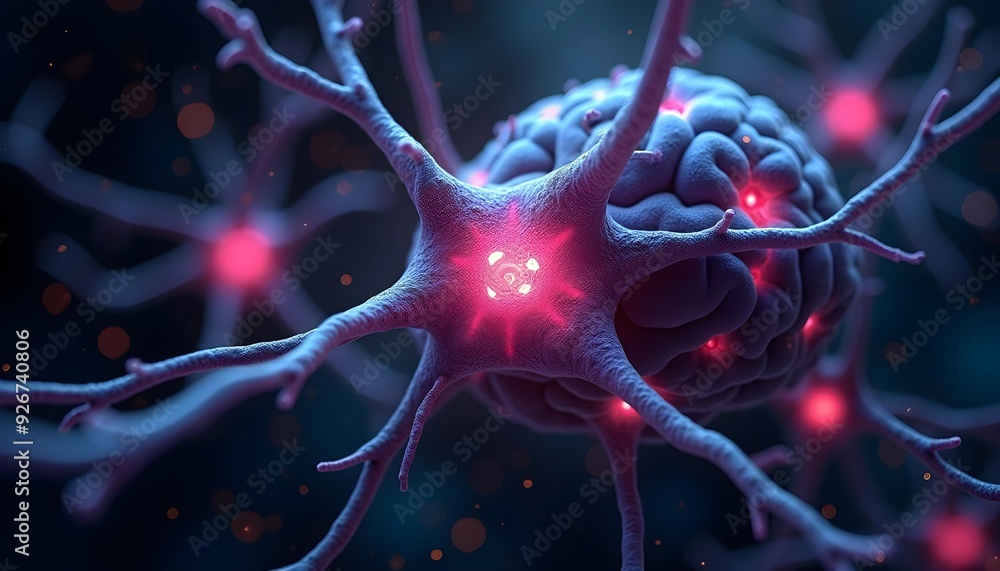 Wall mural a close-up view of a neuron with its axon and dendrites, glowing with a bright red center and surrou