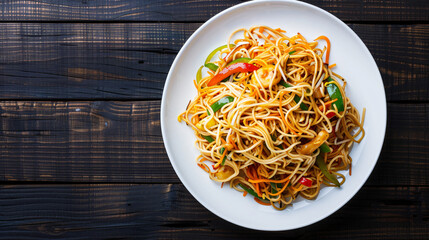 Exquisite presentation of asian noodles and vibrant vegetables in a steaming wok on a charming wooden table
