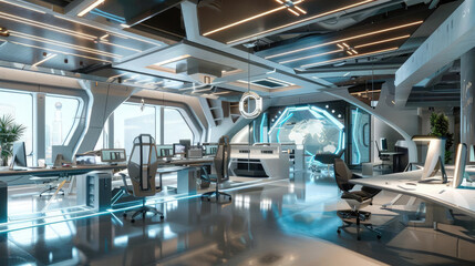 Futuristic office interior featuring sleek furniture, advanced technology, and large windows for natural light.