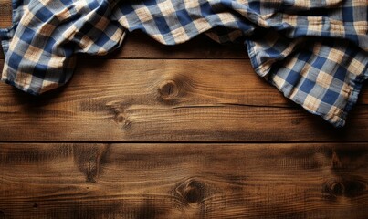 Blue and white checkered cloth on rustic wooden table, evoking Oktoberfest vibes. Perfect for festival-themed backgrounds.