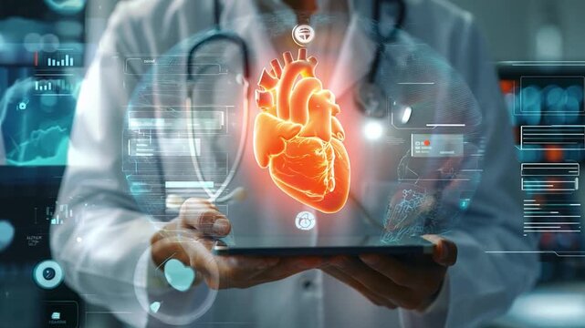A healthcare provider demonstrates a 3D heart model on a tablet for a patient in a modern medical facility