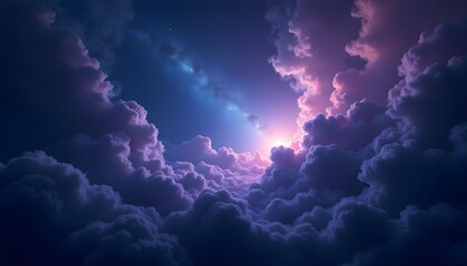 Dramatic cloudy sky with vibrant purple and blue hues, with rays of light breaking through the clouds