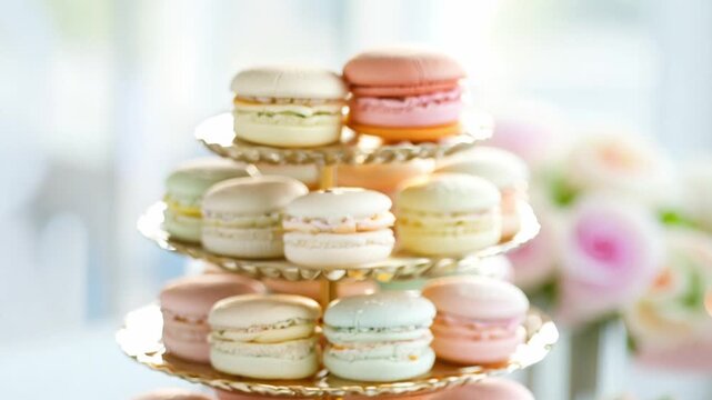 Colorful macarons are artfully displayed on a multi-tiered stand for guests to enjoy during a stylish tea party