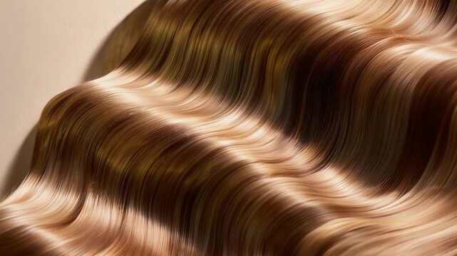 Brown hair with blonde highlights cascades smoothly, showcasing a glossy texture and gentle waves under warm lighting