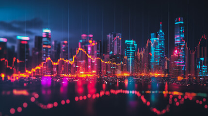 Obraz premium Abstract with pastel colorful charts and graphs with statistics to analyze business potential and forecast future development of companies growth. with city skyline and modern building background