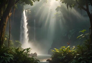 A majestic waterfall cascading down a cliff in a dense jungle, with mist rising and sunlight filtering through the canopy