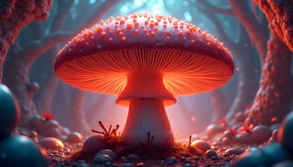A large, vibrant red mushroom with white spots on its cap, surrounded by a mystical, ethereal forest environment with glowing blue and purple hues