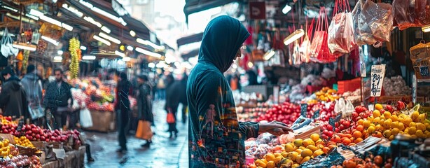 Naklejka premium A panoramic view of a bustling market scene merged with the profile of a person shopping or interacting, with plenty of space for copy. High resolution 8K