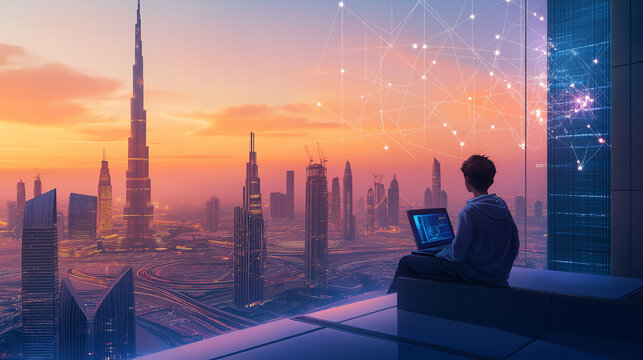 man with computer sits on roof of house and looks at sity,  art based on traffic flow data