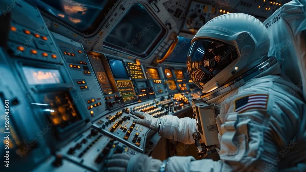 Aufkleber an astronaut monitors instruments and adjusts controls inside a spacecraft while conducting an impor