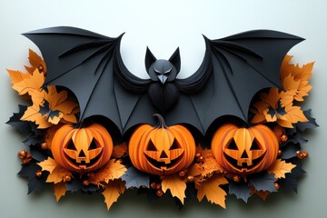 Naklejka premium Sophisticated Paper Art Bat and Pumpkin with Detailed Cutting