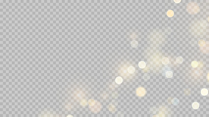 Golden dust light png. Christmas glowing bokeh confetti and sparkle overlay texture for your design. Stock royalty free vector illustration. PNG	