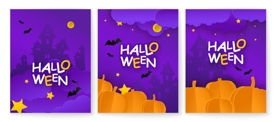 Set of Halloween cards. Night landscape with a castle, clouds and bats on a dark background.