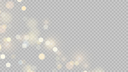 Golden dust light png. Christmas glowing bokeh confetti and sparkle overlay texture for your design. Stock royalty free vector illustration. PNG	