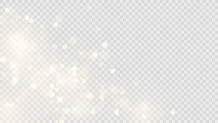 Golden dust light png. Christmas glowing bokeh confetti and sparkle overlay texture for your design. Stock royalty free vector illustration. PNG	