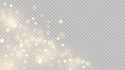 Golden dust light png. Christmas glowing bokeh confetti and sparkle overlay texture for your design. Stock royalty free vector illustration. PNG	