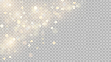 Golden dust light png. Christmas glowing bokeh confetti and sparkle overlay texture for your design. Stock royalty free vector illustration. PNG	