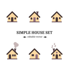 Simple cottage cabin house icon set with 6 elements for buildings, architcture, town, city, real estate, urban graphic design. Editable EPS vector.