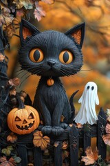 Paper Art Black Cat on Fence with Pumpkin and Ghost