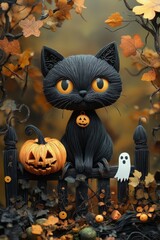 Paper Art Black Cat on Fence with Pumpkin and Ghost