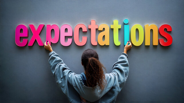 Person Holding Colorful 'Expectations' Letters Against Dark Background.