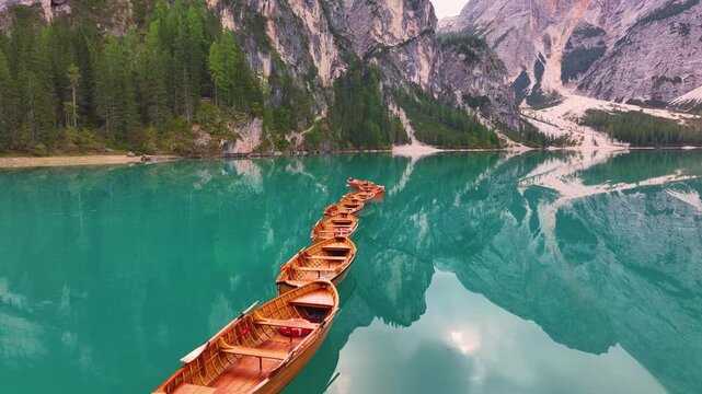 Lago di Braies, Pragser Wildsee in the Dolomites. Fly over wooden boats  on green-blue lake with  the mountain peaks in background.   