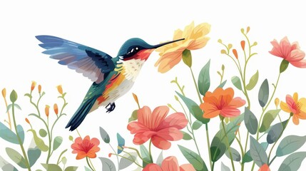 Hummingbird sipping nectar from flowers, flat design, isolated on white background