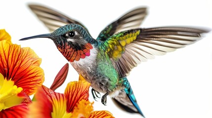 Fototapeta premium A hummingbird with colorful flowers, intricate details, hyperrealism, isolated on white background