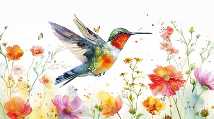 Hummingbird in a dynamic floral setting, action shot, isolated on white background
