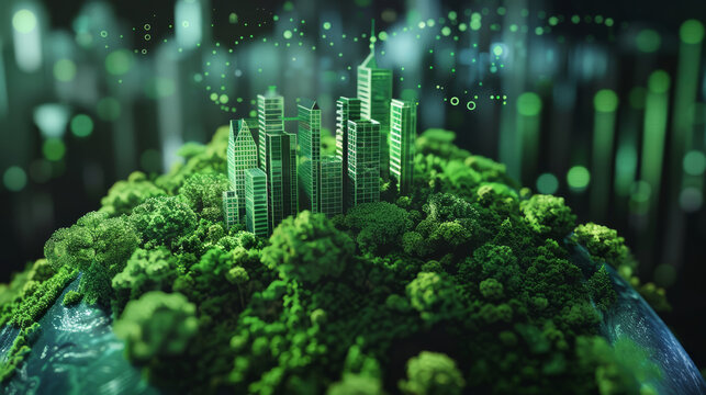 3D illustration showcases a globe with integrated circuit boards and AI elements, blending nature with technology.