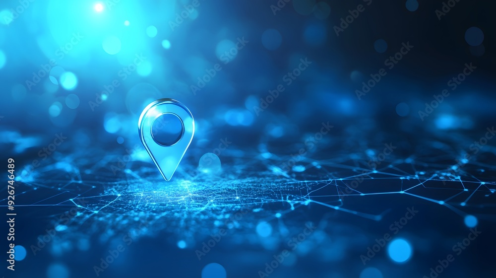Poster a 3d render of a pin icon on a network background.