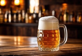 frothy beer stein resting rustic timber tabletop natural grain texture warm tones, foam, wood, beverage, glass, drink, alcohol, amber, golden, refreshing, cold