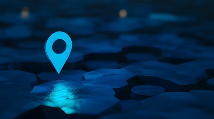 A glowing blue location pin sits on a dark blue, textured surface.