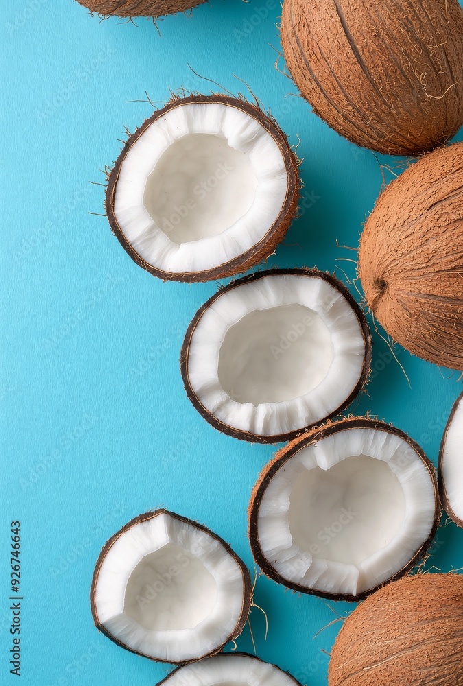 Poster fresh coconuts split open on a bright blue background with coconut flakes scattered