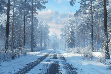 Snowy winter road in the forest, Winter landscape, Ai generated