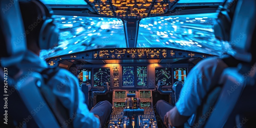 Poster aerospace performance analysis underway, with technicians monitoring data in a high-tech environment