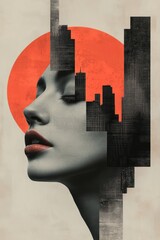 Woman with a city skyline in the background, creative portrait