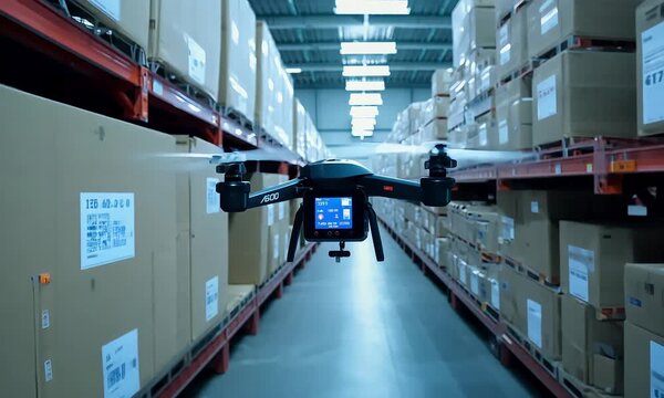 drone flying in warehouse, checking inventory of logistic supplies and security surveillance