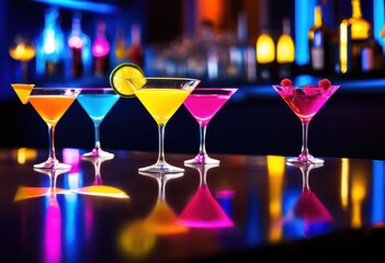 stylish martini glasses displaying bright colorful cocktails modern setting, drinkware, barware, vibrant, trendy, elegant, beverage, party, mixology