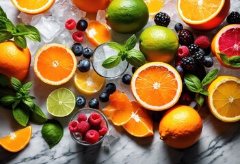 colorful beverage ingredients artfully arranged polished surface showcasing freshness variety, arrangement, vibrant, colors, fruits, vegetables, spices