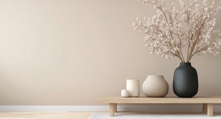 Modern minimalist decor with wooden table, vases, and flowering branches in soft colors