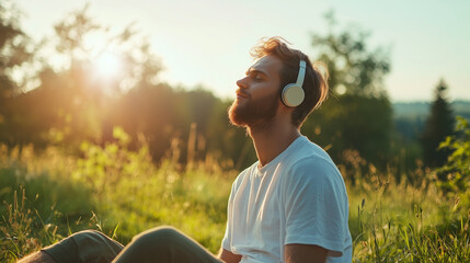 A young, handsome man relaxes in nature while listening to music, embodying the essence of a summer playlist, with a serene natural backdrop enhancing the feeling of leisure and en