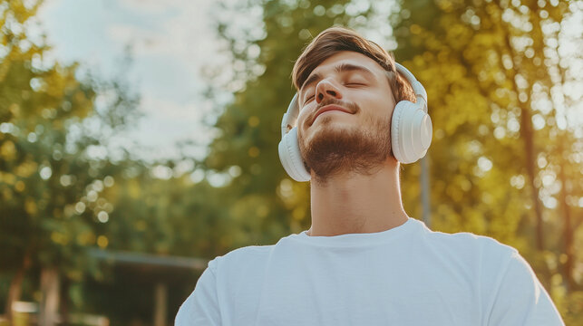 young, attractive man enjoying a moment of relaxation in nature with headphones on, capturing the concept of a summer playlist and the peaceful escape music provides, set against a