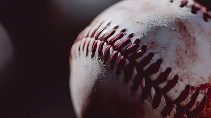 Close-up of a worn baseball with red stitching.