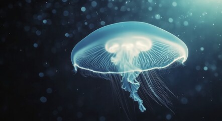 Colorful jellyfish gracefully swims in dark waters illuminated by soft light