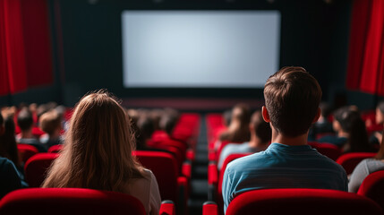 audience in a movie theater eagerly awaiting the start of a film, with the anticipation palpable as viewers settle into red seats and focus on the blank screen, ready for the upcom