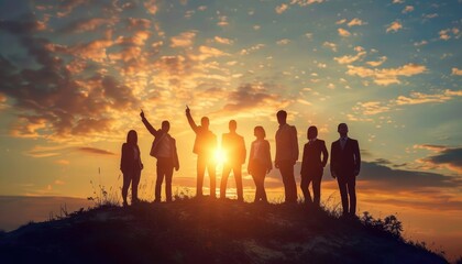 Silhouettes of a group of people standing on a hilltop at sunset, symbolizing teamwork, success, and achievement.