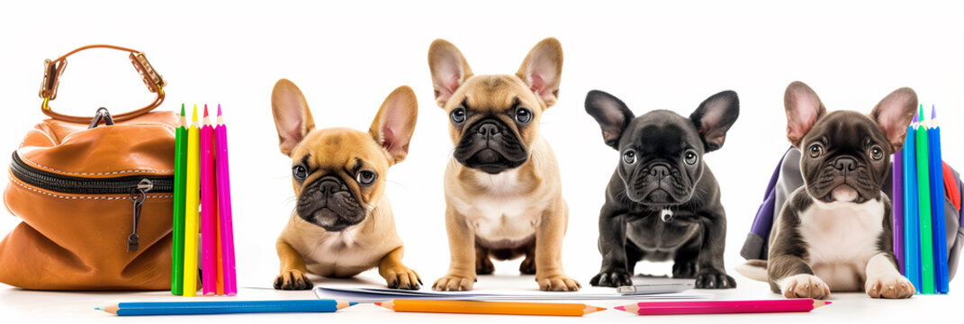 Back to School themed banner with lovely brown and white bulldog puppies, pencils, and backpacks on a white background.