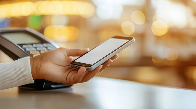 The hand of a young lady is shown placing a smartphone on a credit card payment machine, illustrating a seamless and modern contactless payment method in a close-up view, capturing