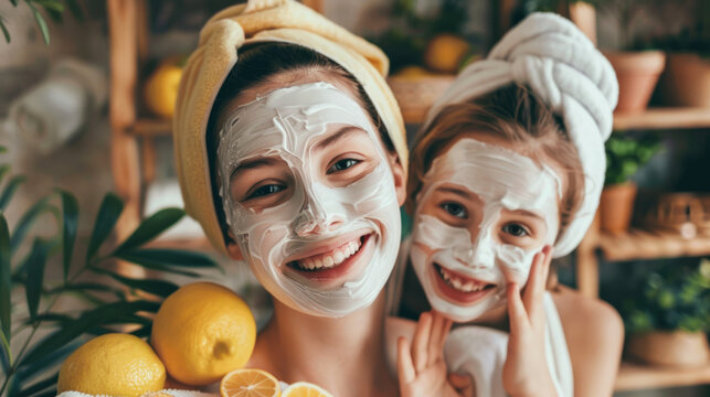Mom and daughter enjoying a relaxing spa day at home with fun face masks